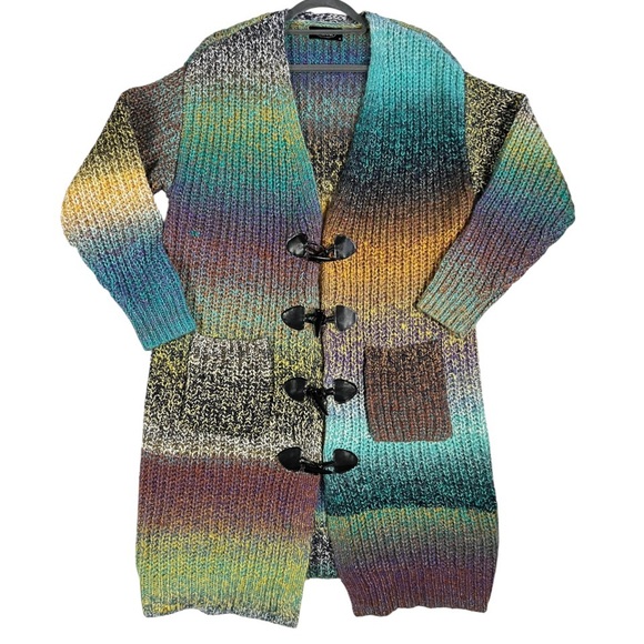 CIDER Wool Blend Rainbow Knit Pocket Coat Crochet Longline Cardigan Sweater S - Picture 1 of 5